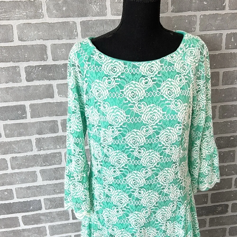 Green Lace Mini Dress‎ Bell Sleeve Floral Cottagecore Easter Spring Size 14